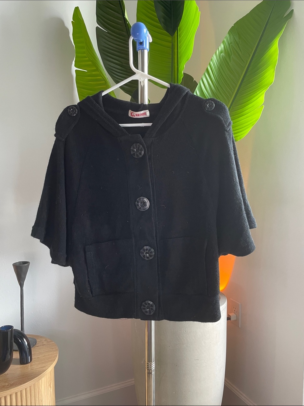 Girls' Black Hooded Button Cape Jacket